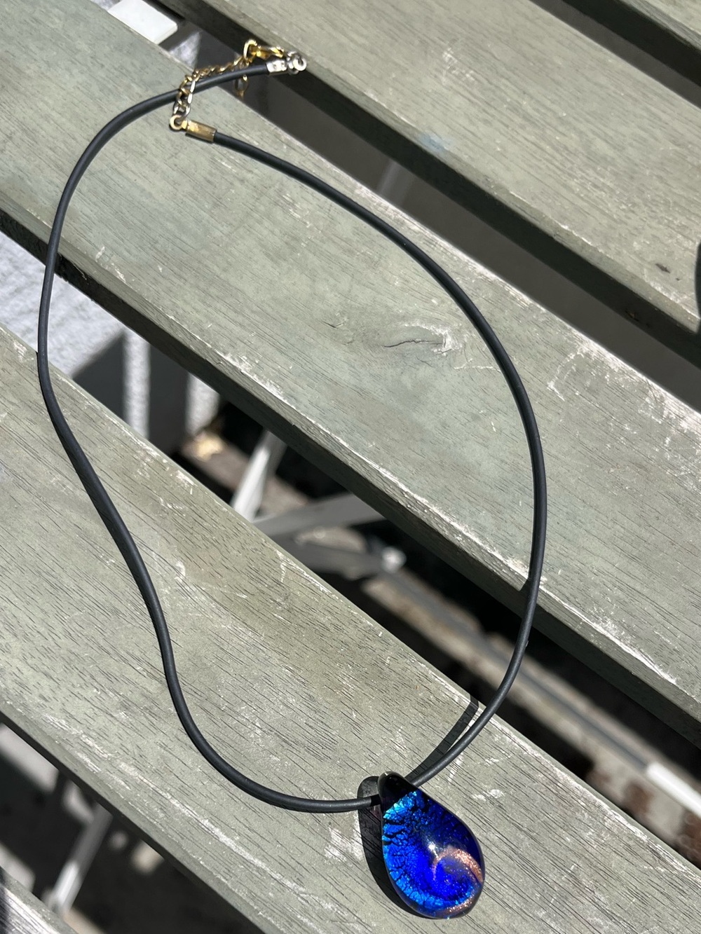 Blue Glass Teardrop Pendant Necklace on Black Cord